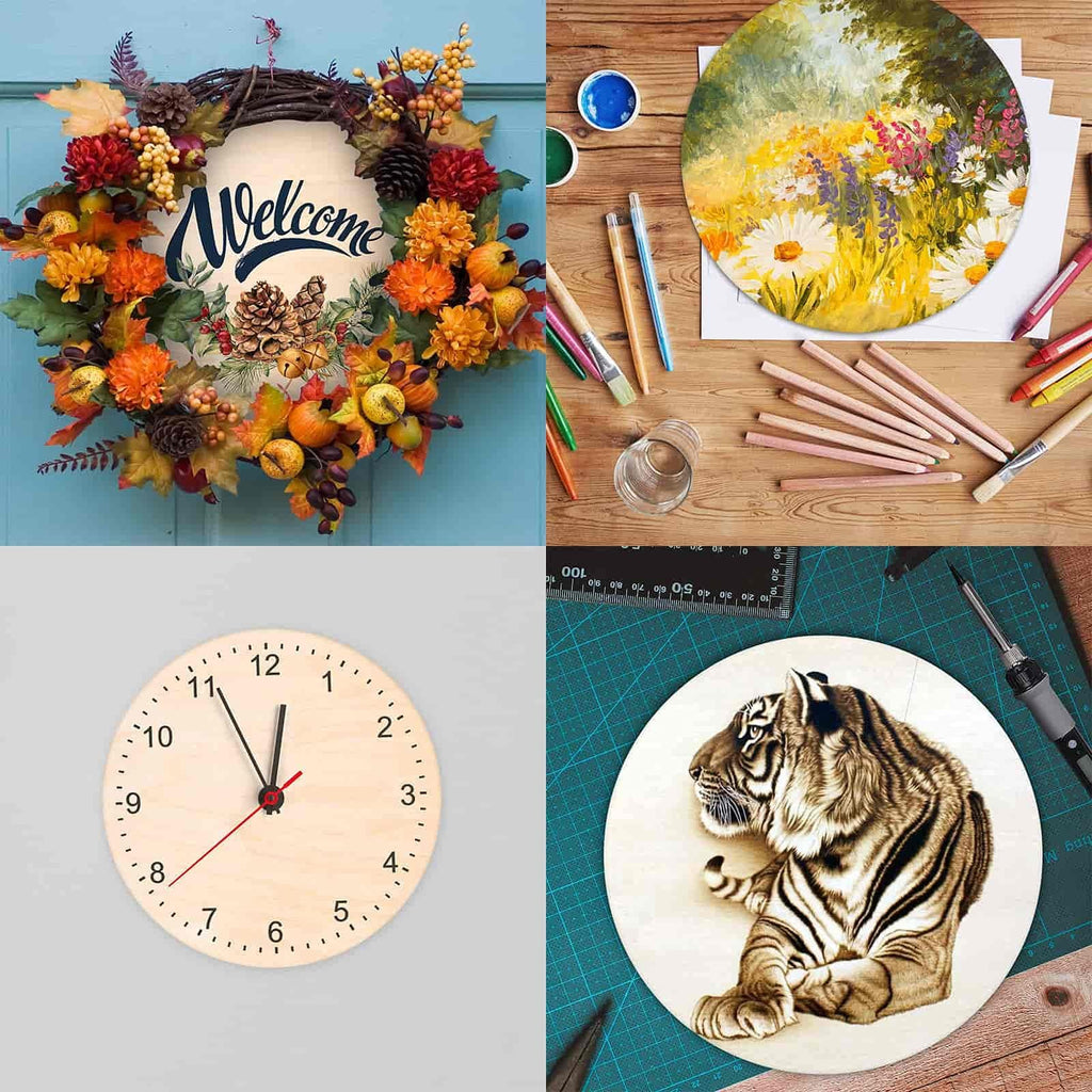 Collage of four images: a fall wreath with 'Welcome' text, art supplies and a painting on wood, a wooden clock, and a wood-burned tiger on a round wood piece.