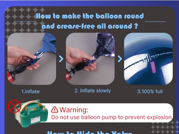Instructions on how to inflate a round, crease-free foil balloon, showing three steps with a warning about using a balloon pump.