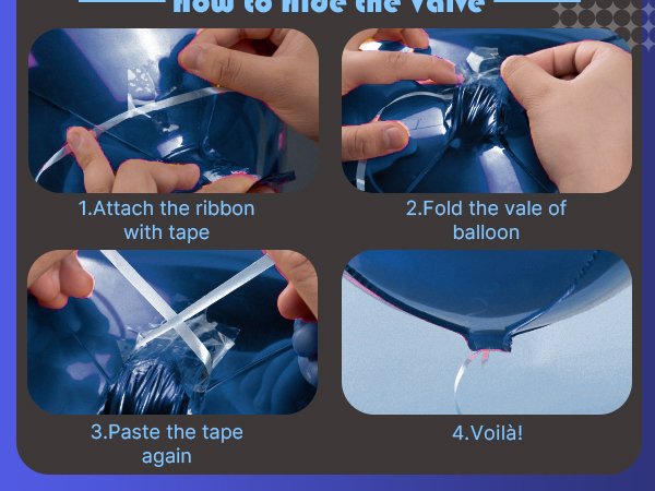 Four-panel graphic showing how to attach ribbon to a navy blue round foil balloon valve.