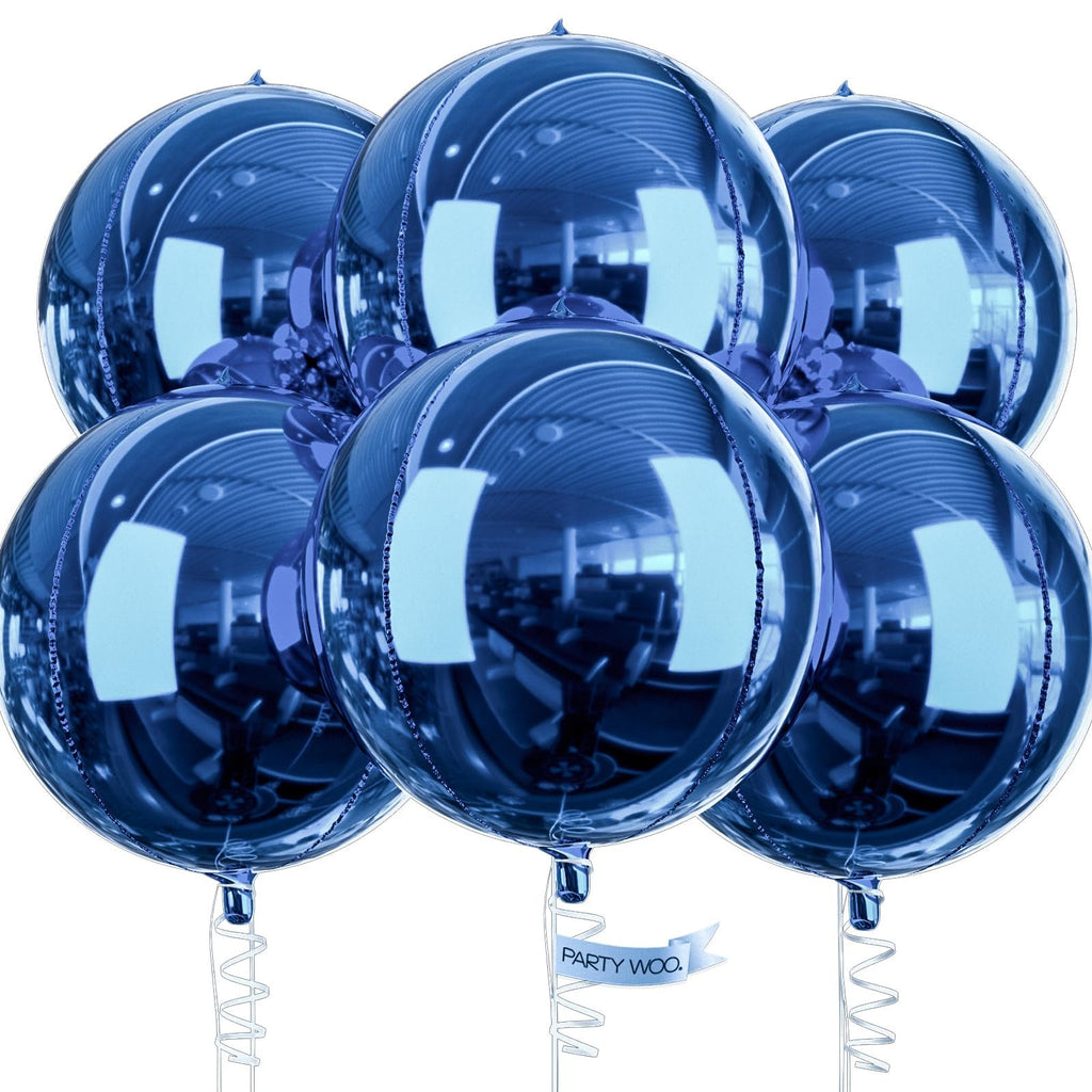 Six navy blue 4D round foil balloons with reflective surfaces, tied with ribbons.