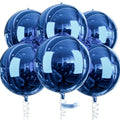 Six navy blue 4D round foil balloons with reflective surfaces, tied with ribbons.