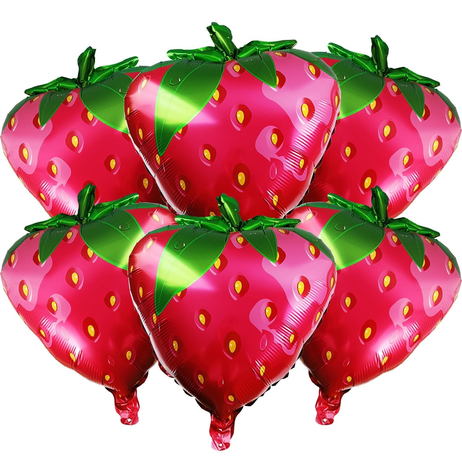 Six jumbo strawberry-shaped foil balloons with green leaves and yellow seeds, presented on a white background.