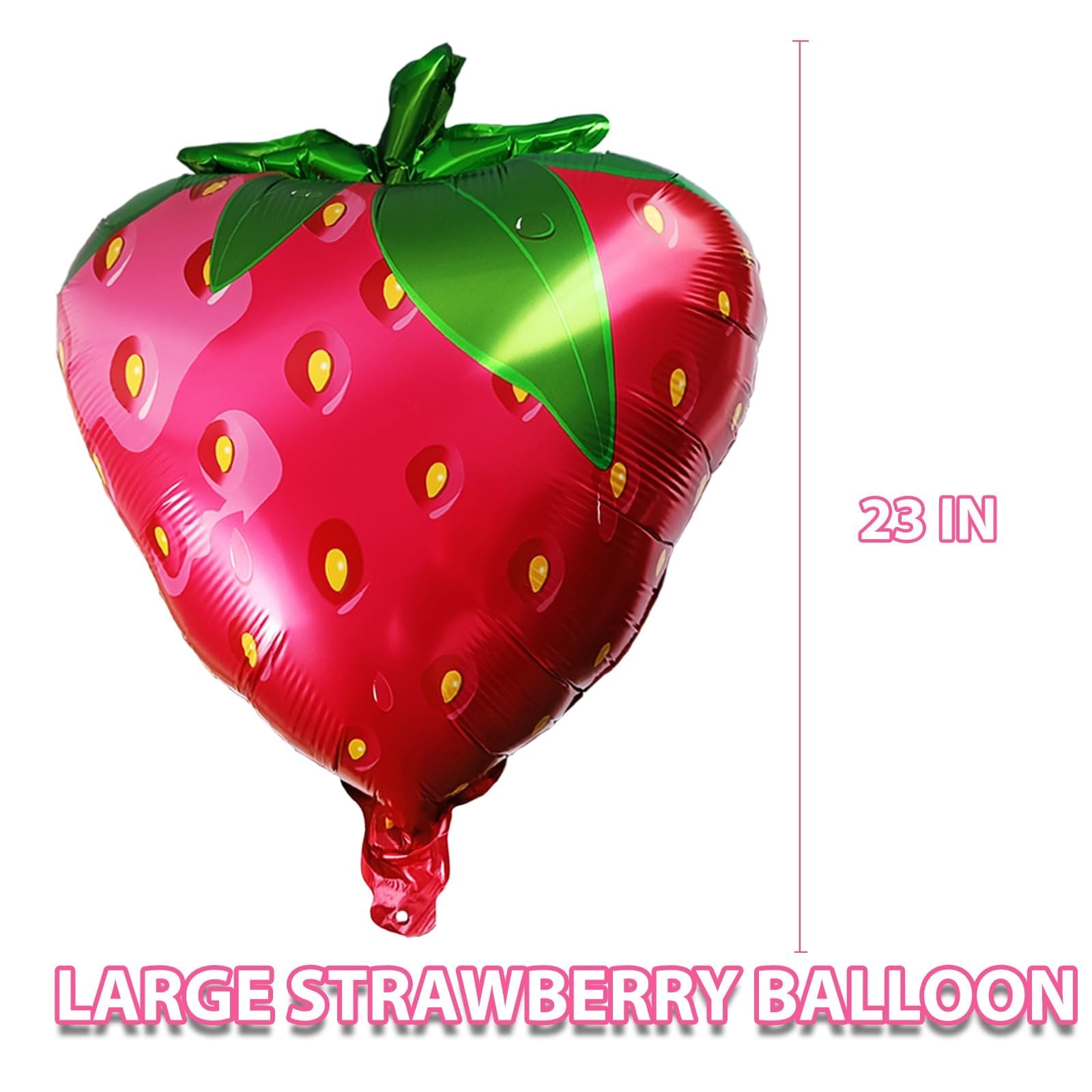 Jumbo foil strawberry balloon with green leaves and yellow seeds, shown with a 23 inch measurement line.