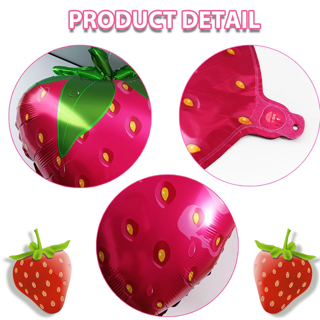 Close-up views of a foil strawberry balloon, showing its texture and valve.