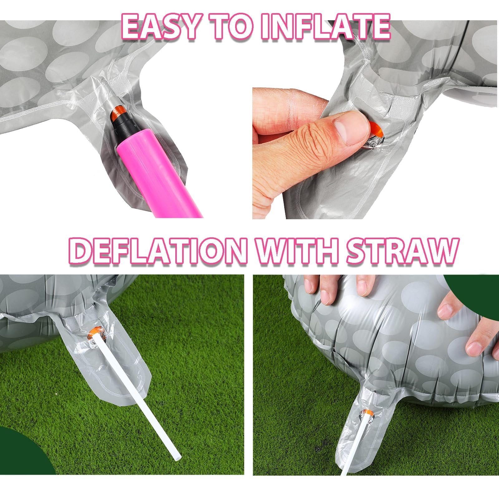 Collage showing how to inflate and deflate a foil balloon with a pink inflation tool and a white straw.