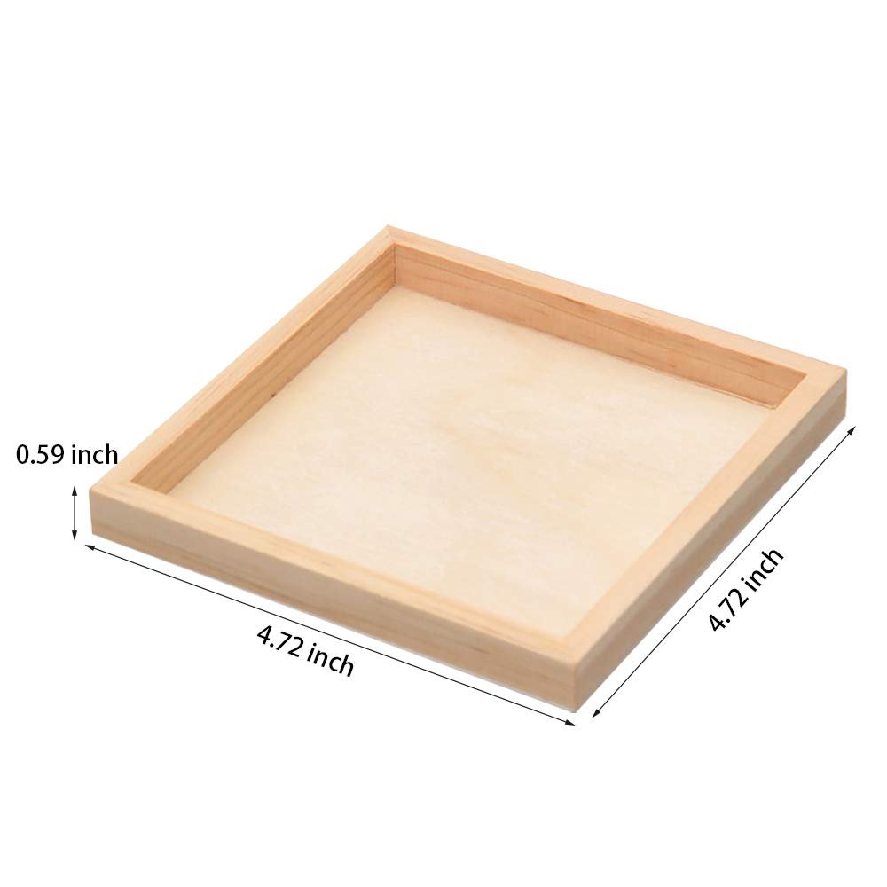 Unfinished wood serving tray with dimensions labeled, shown from a top-down angle.