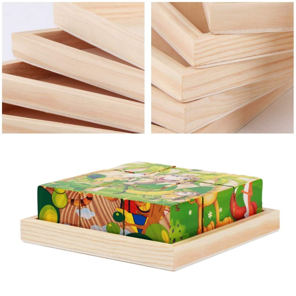 Stack of unfinished wood serving trays and a wooden tray with colorful blocks inside