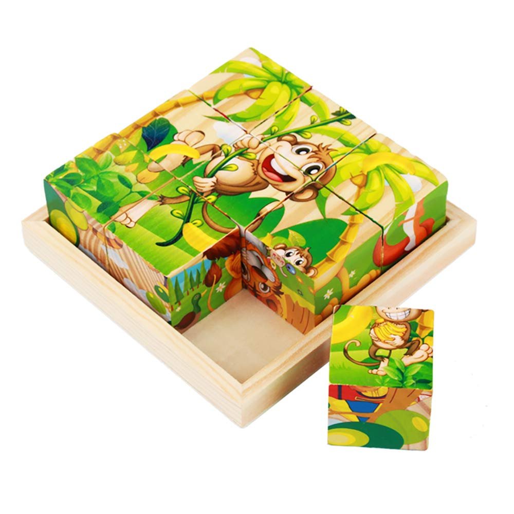 Wooden puzzle blocks with monkey and jungle theme in a wooden tray, with one block outside the tray.