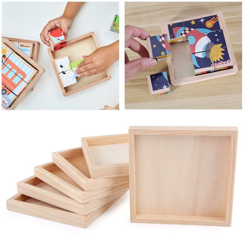 Hands assembling wooden puzzle blocks in a square tray, and a stack of unfinished wood serving trays.