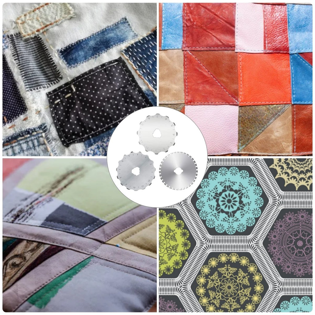 Collage of sewing and quilting projects with rotary cutter blades in the center.
