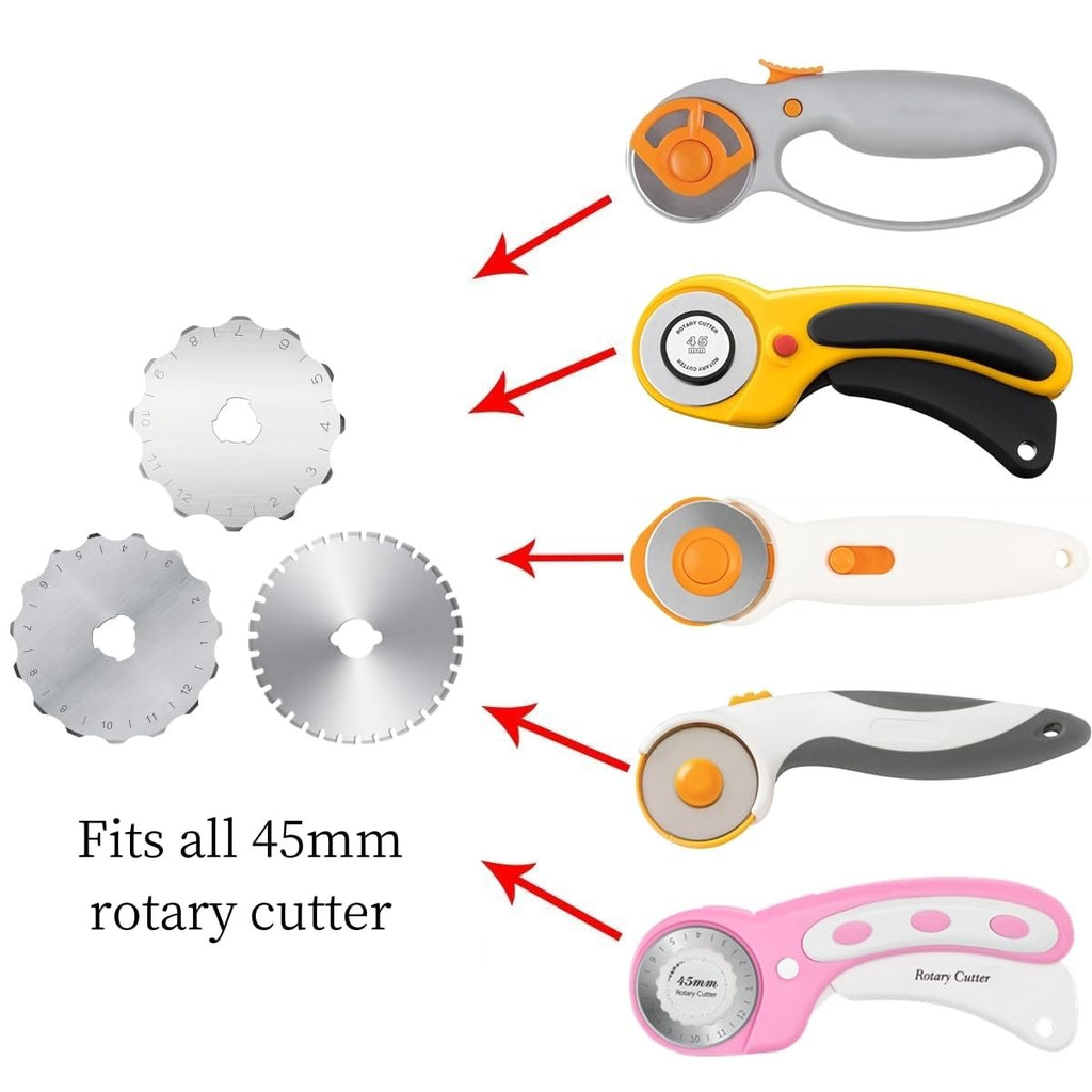 Four rotary cutters and three blades shown with arrows indicating compatibility. Text states 'Fits all 45mm rotary cutter'.