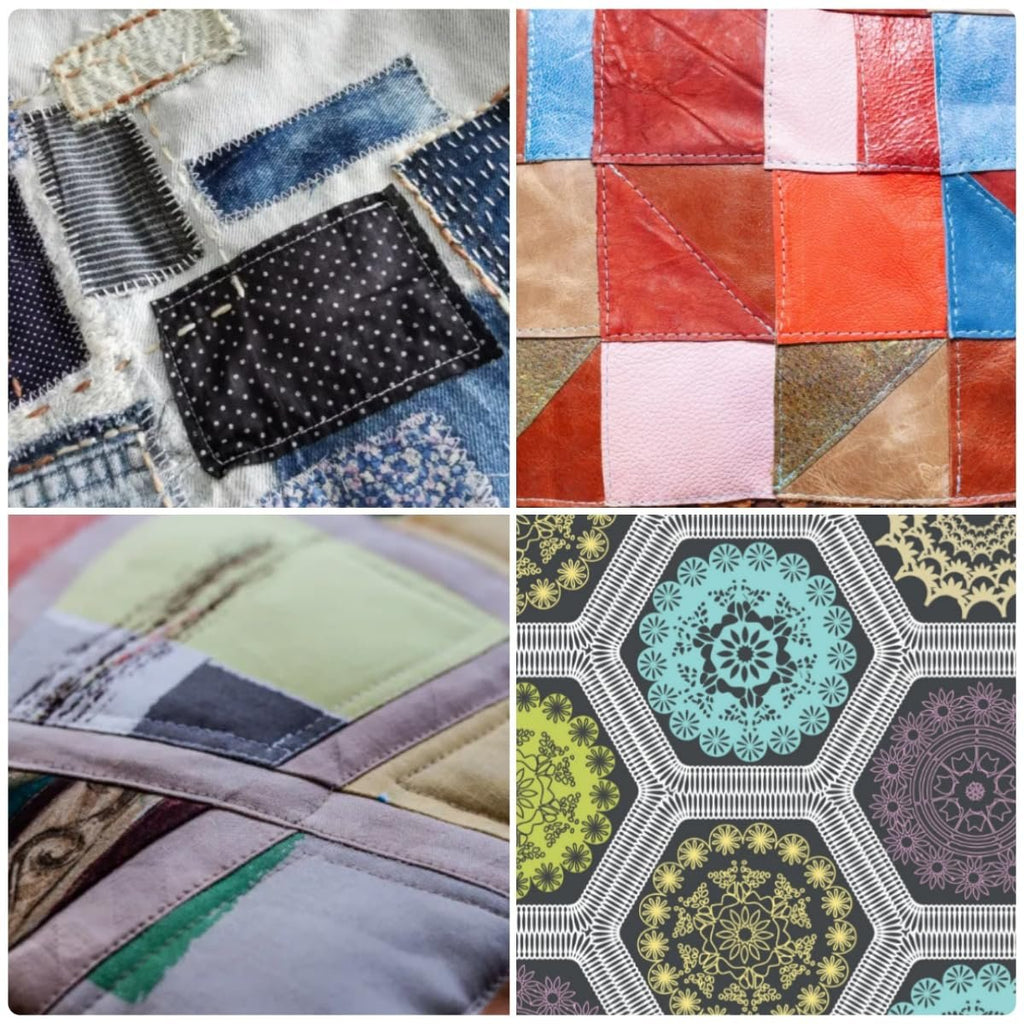 Collage of four close-up images showing various fabric textures and patterns, including denim patches, leather squares, quilted fabric, and geometric mandala designs.