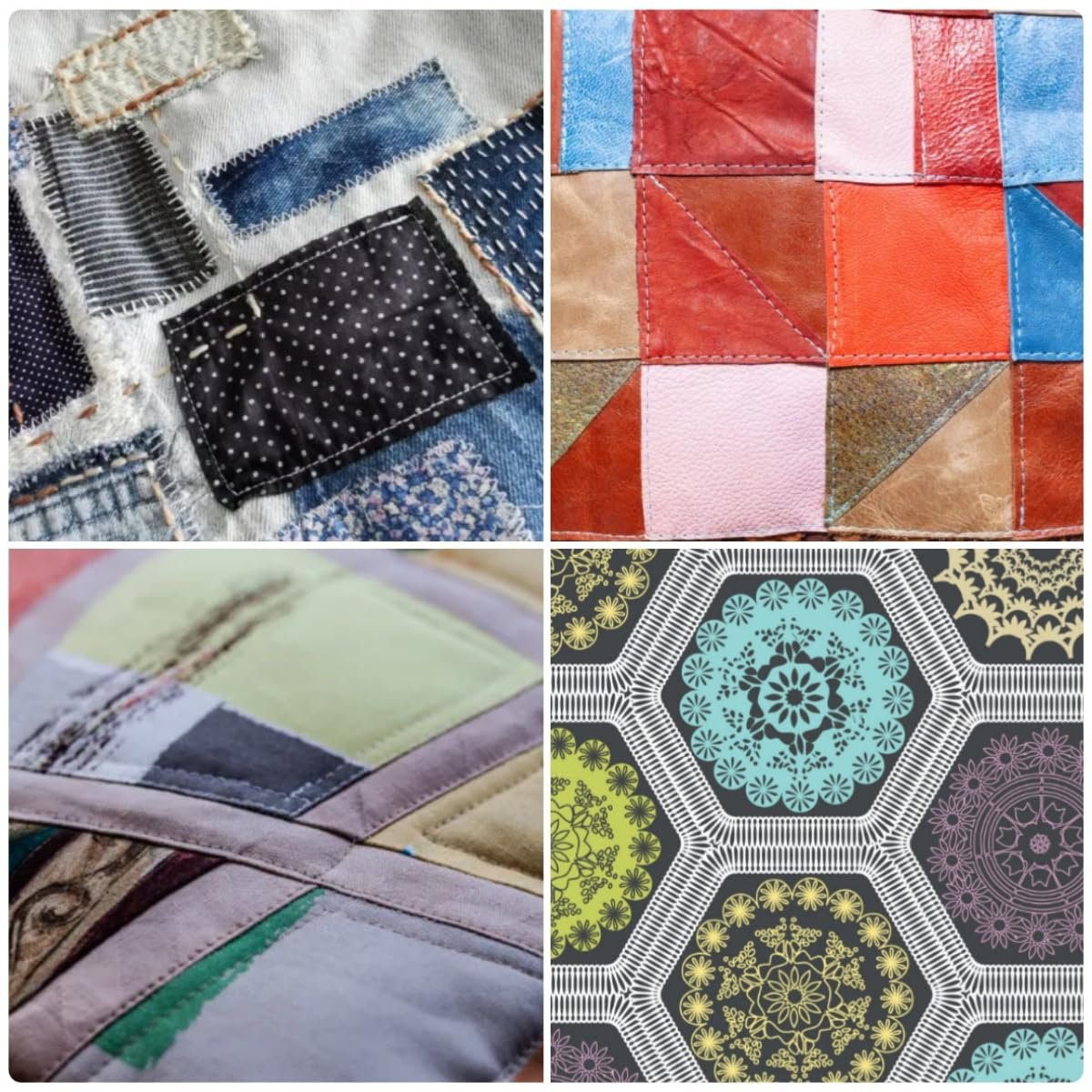 Collage of four close-up images showing various fabric textures and patterns, including denim patches, leather squares, quilted fabric, and geometric mandala designs.
