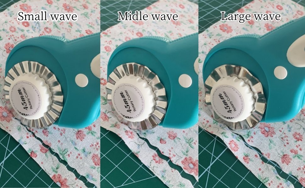 Three rotary cutters demonstrating small, middle, and large wave cuts on floral fabric.
