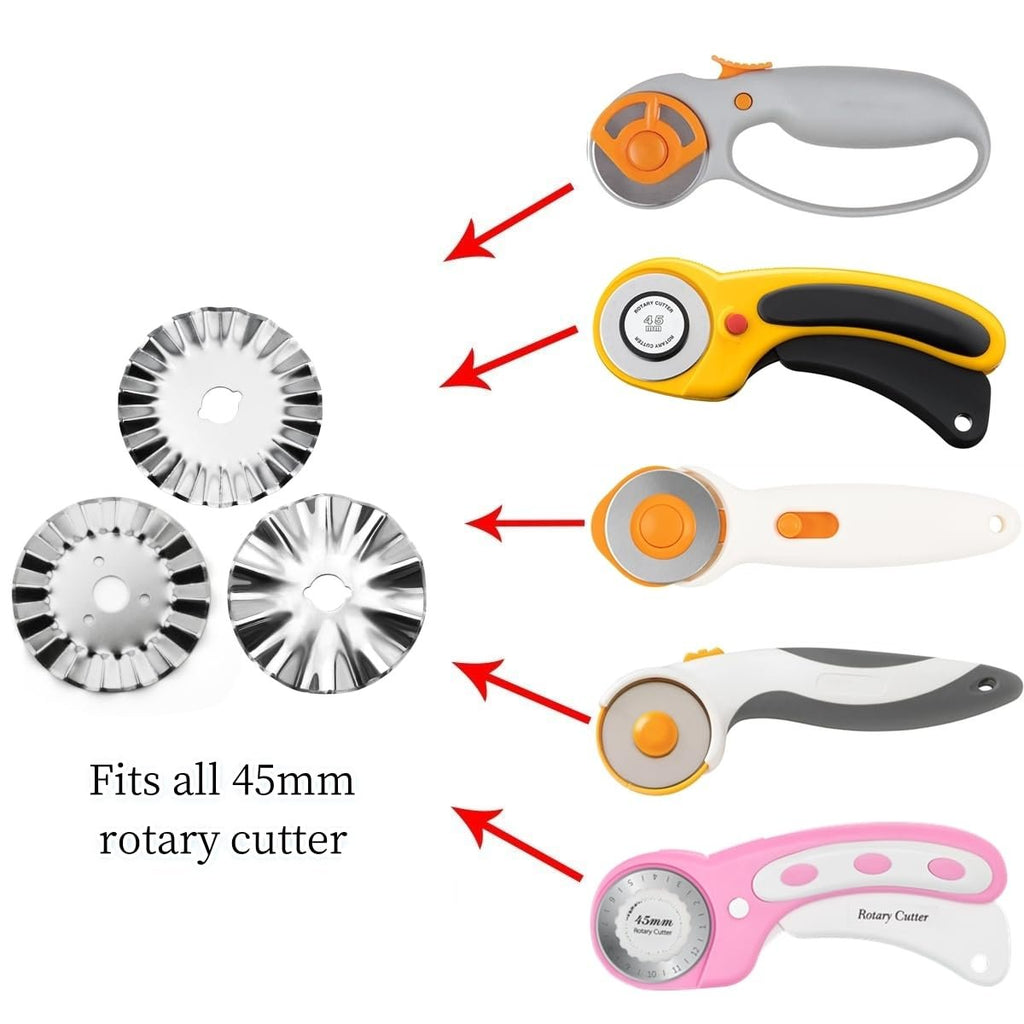 Three wave pinking rotary cutter blades and five rotary cutters on a white background.