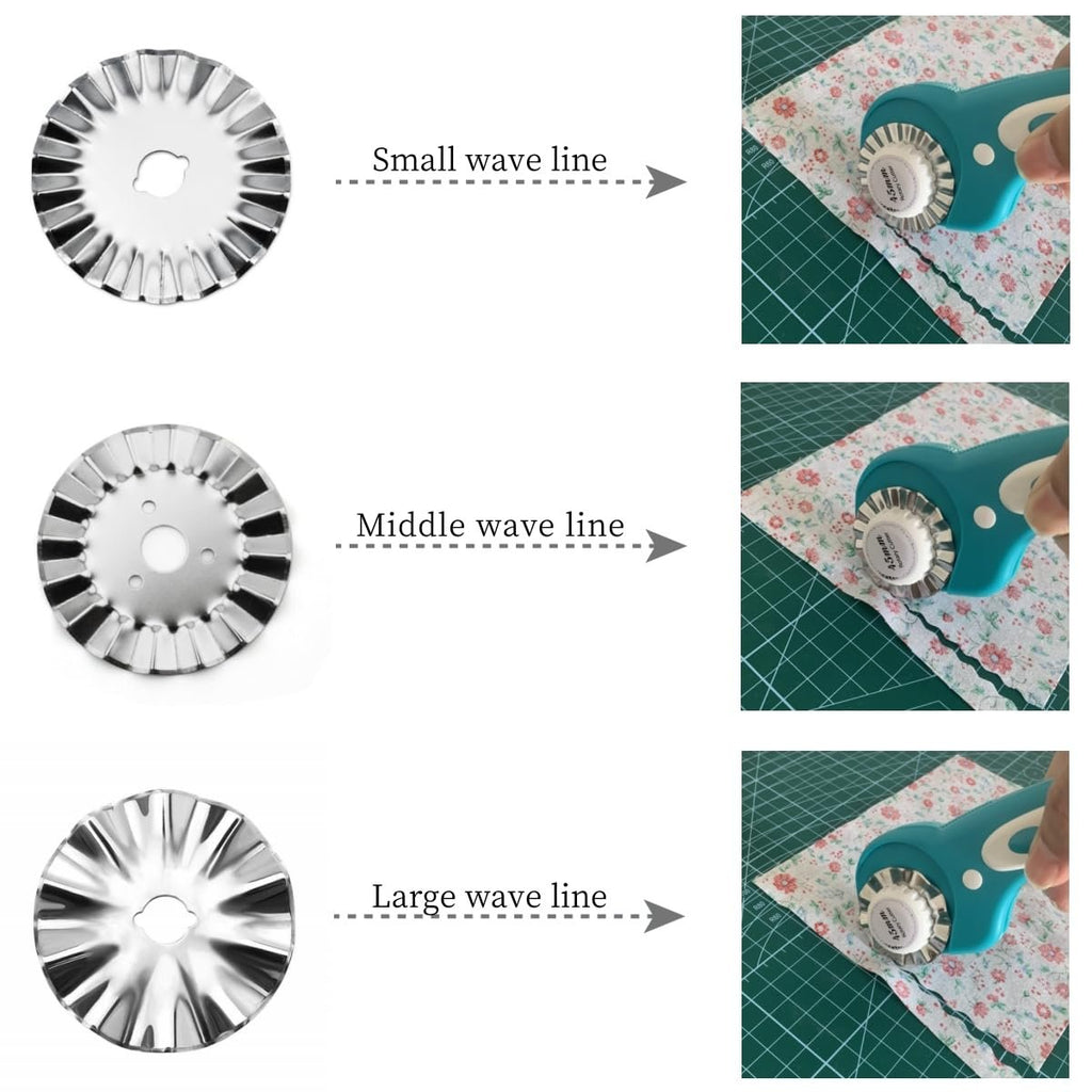 Three pinking rotary cutter blades shown with examples of cuts made on fabric. One blade is small wave, one is middle wave, and one is large wave.