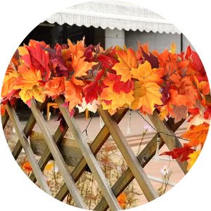 Artificial autumn maple leaf garland draped over a wooden lattice fence, featuring red, orange, and yellow leaves.