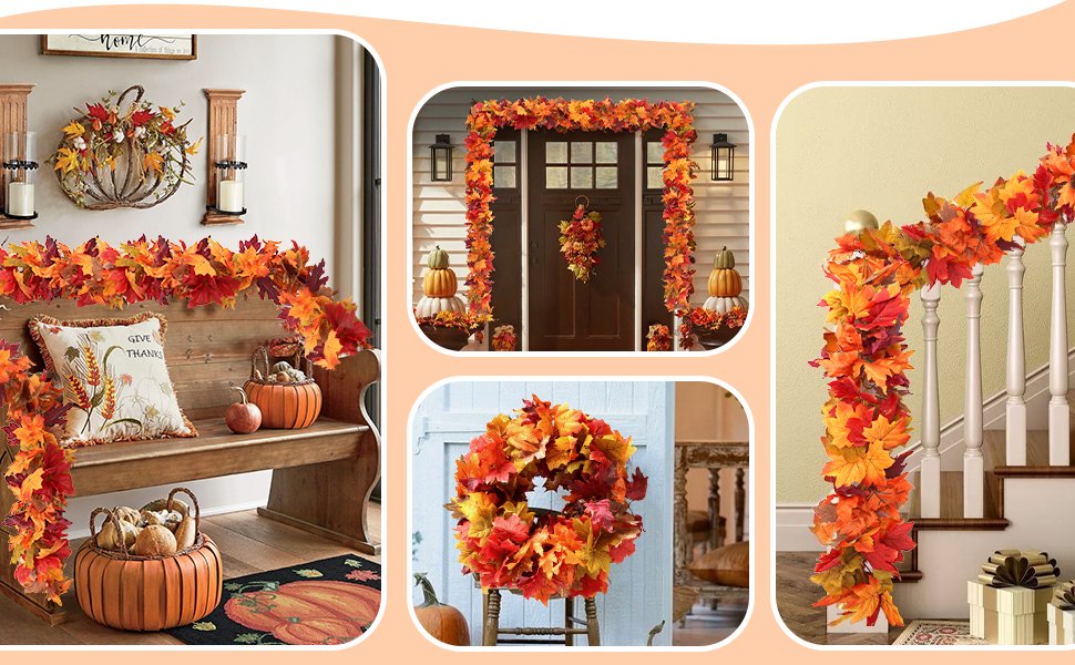 Collage of autumn decor featuring maple leaf garlands, a wreath, and pumpkins on a bench and porch.