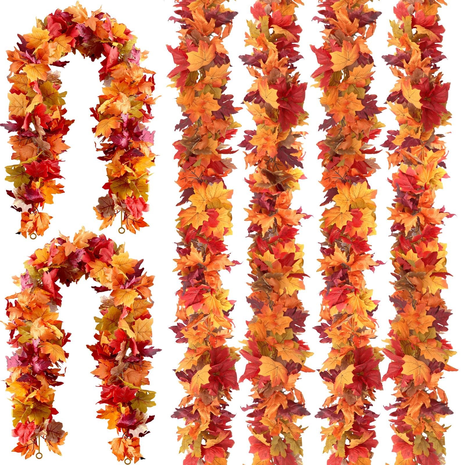 Six strands of artificial fall maple leaf garland in red, orange, and yellow hues, displayed against a white background.