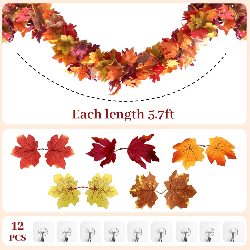 Autumn maple leaf garland with various colors and 12 adhesive hooks