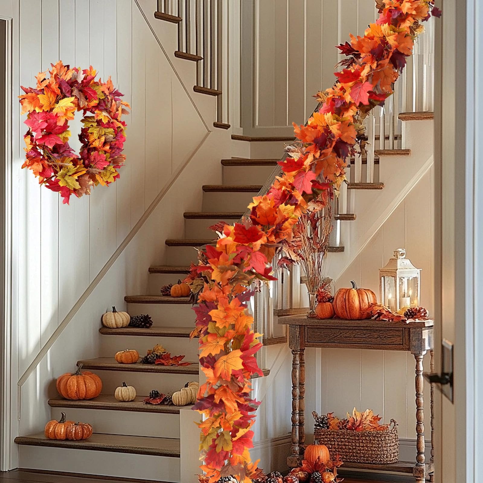 Autumn maple leaf garland and wreath decorating a staircase with pumpkins and a lantern