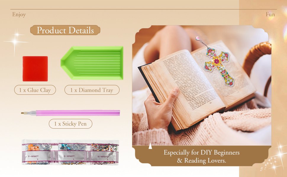 Diamond art cross bookmark kit contents and lifestyle image of a person reading with a finished bookmark.