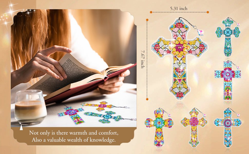 Diamond art cross bookmarks with rhinestones displayed with a person reading a book and a drink.