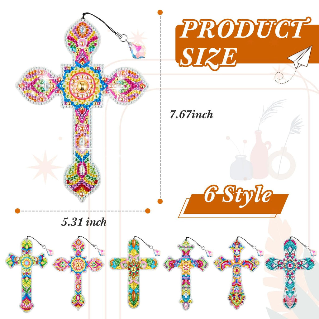 Diamond art cross bookmarks in 6 styles, showing one large example and five smaller ones, with product dimensions indicated.