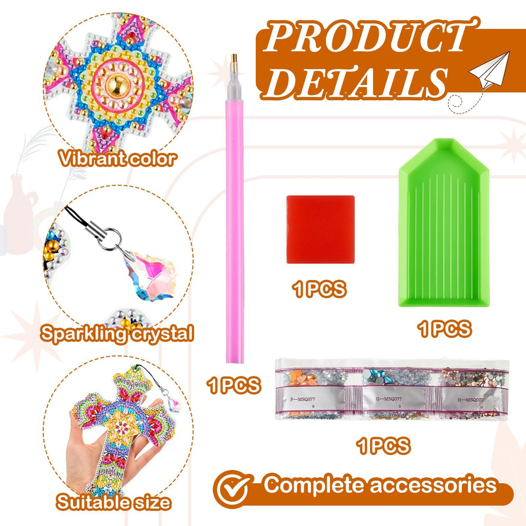 Diamond art cross bookmark kit with vibrant colors, sparkling crystal, and complete accessories shown in detail.