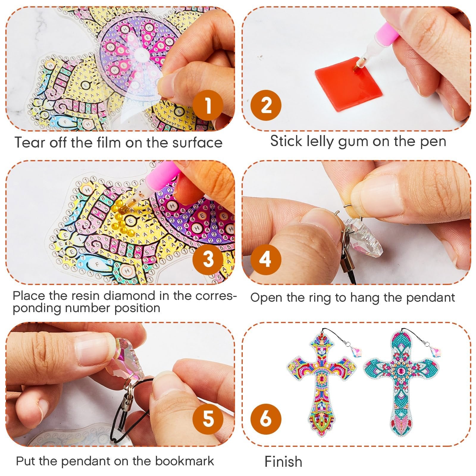 Diamond art cross bookmark creation steps: tearing film, applying gum, placing diamonds, attaching pendant, and finished product.