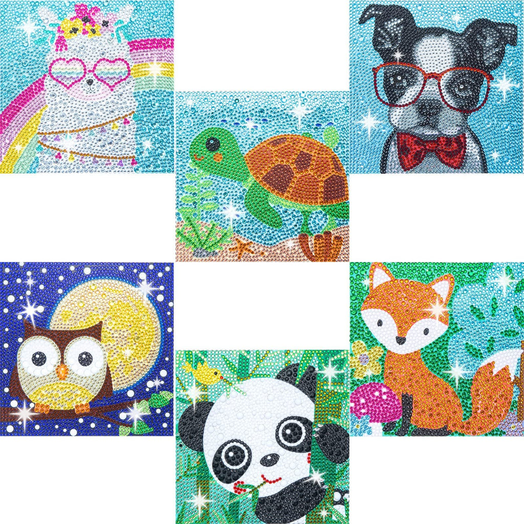 Collage of six 5D diamond painting kits featuring cute animals: llama with rainbow, turtle, dog with glasses, owl under moon, panda, and fox.