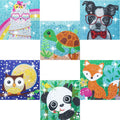 Collage of six 5D diamond painting kits featuring cute animals: llama with rainbow, turtle, dog with glasses, owl under moon, panda, and fox.