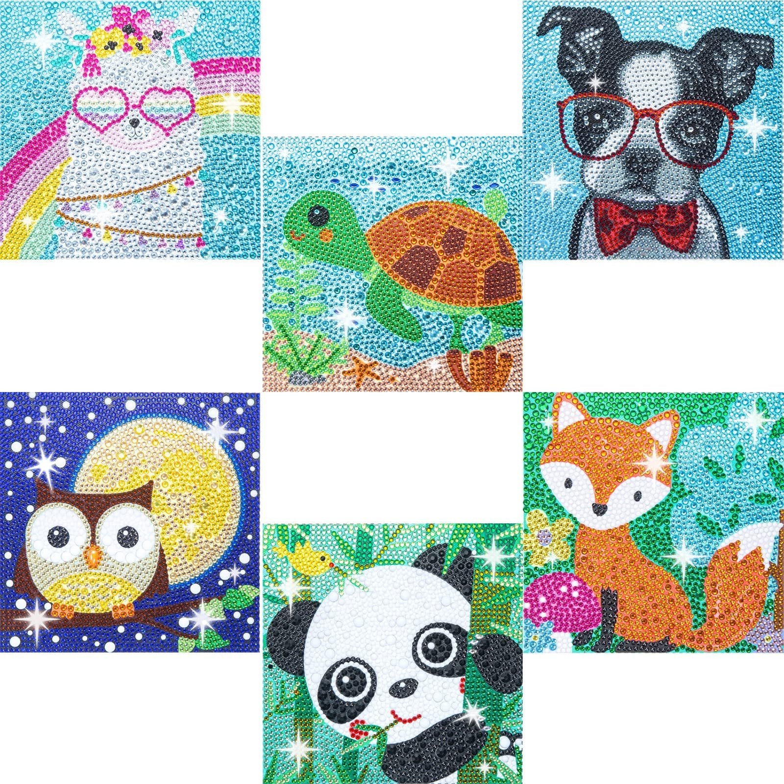 Collage of six 5D diamond painting kits featuring cute animals: llama with rainbow, turtle, dog with glasses, owl under moon, panda, and fox.