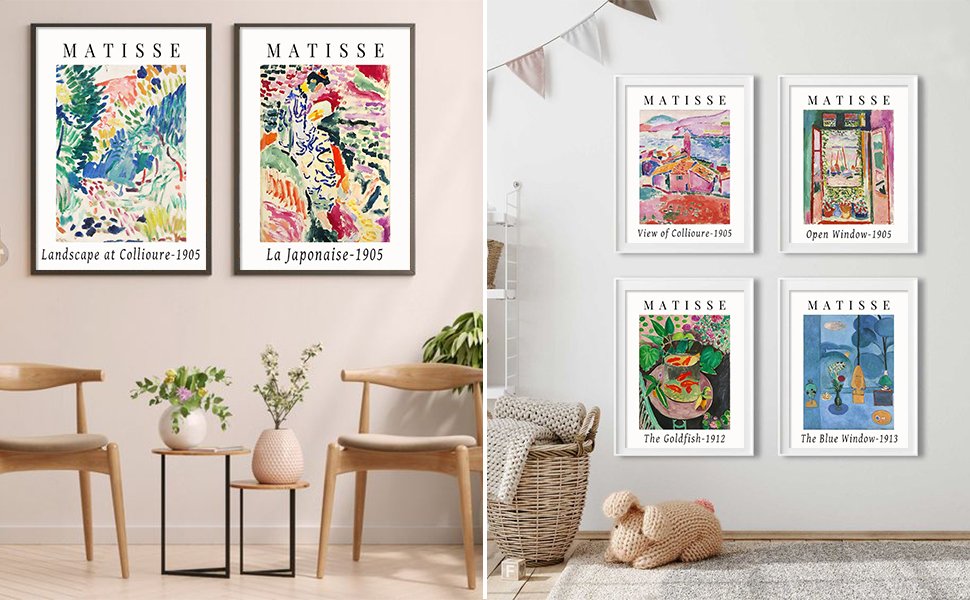 Two living room vignettes featuring framed Matisse art prints on walls, one with two prints above side tables and chairs, the other with four prints above a basket and toy.