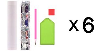 Diamond painting kit contents including a white tube, multiple small bags of gems, a pink applicator pen, a green tray, and a red square, with 'x 6' indicating quantity.
