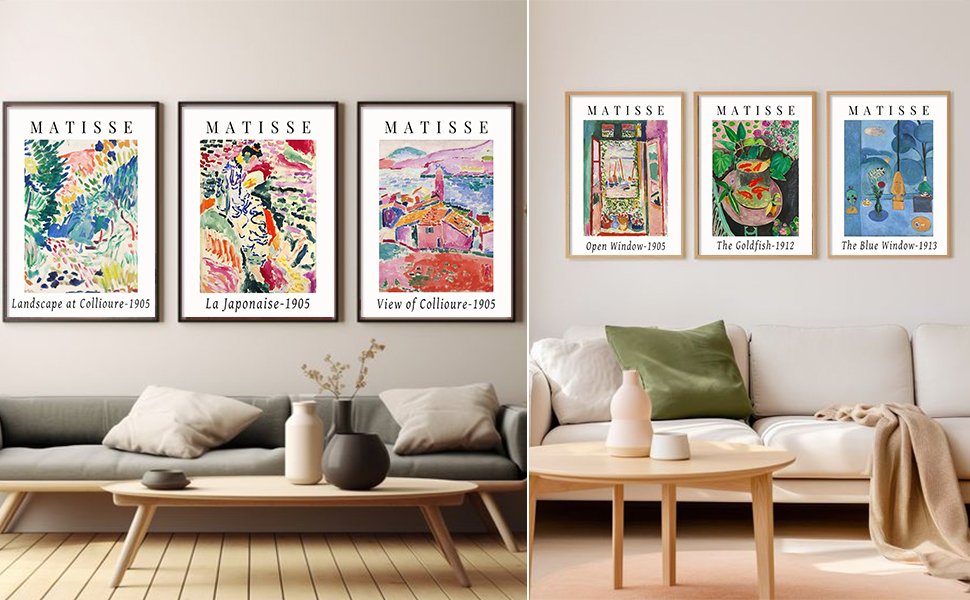 Six framed Matisse art prints displayed on living room walls above sofas.