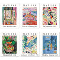 Six framed art prints featuring Matisse paintings: Open Window, View of Collioure, La Japonaise, The Goldfish, Landscape at Collioure, and The Blue Window.