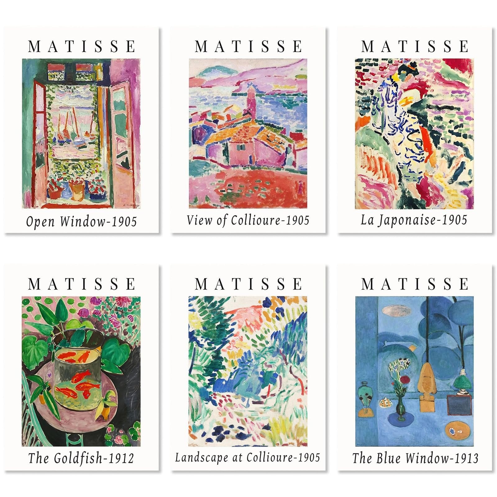 Six framed art prints featuring Matisse paintings: Open Window, View of Collioure, La Japonaise, The Goldfish, Landscape at Collioure, and The Blue Window.