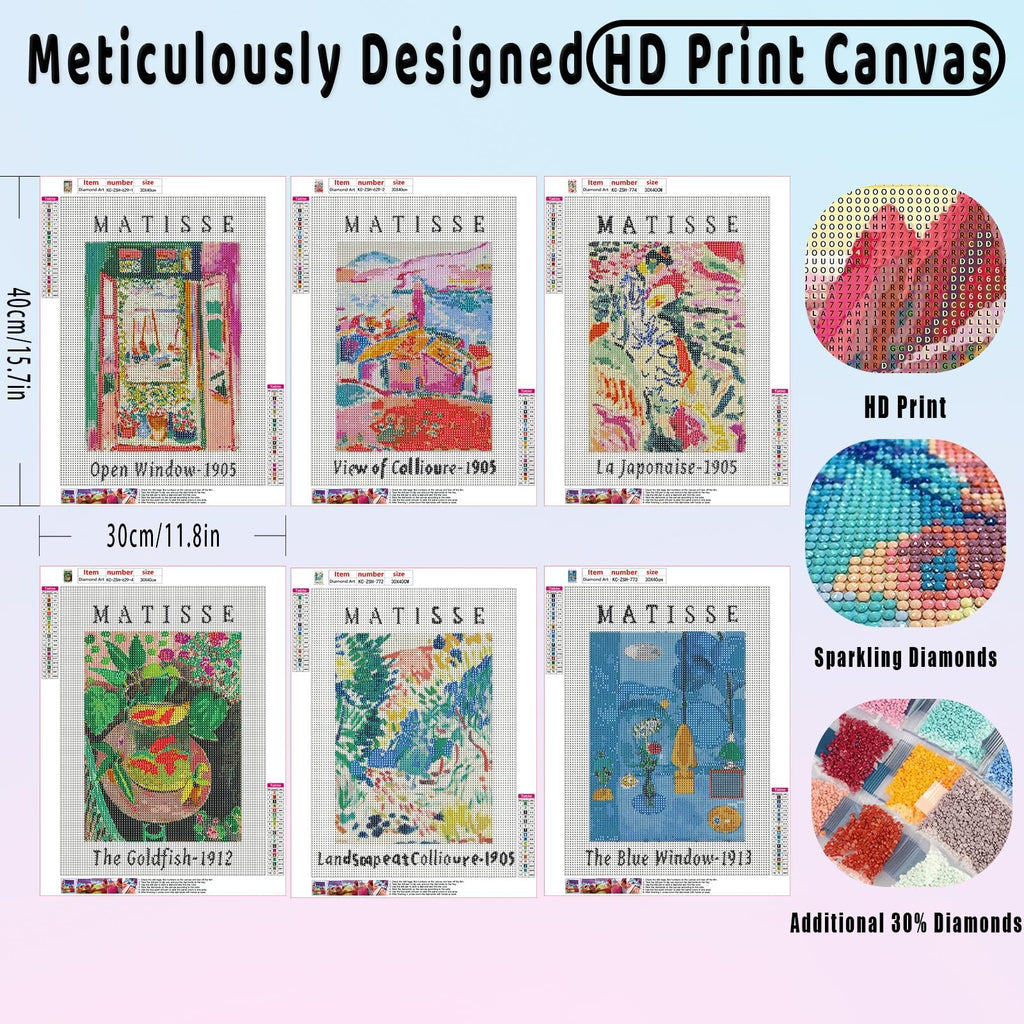 Six Matisse-inspired diamond painting kits displayed with diamond color palettes and feature callouts.
