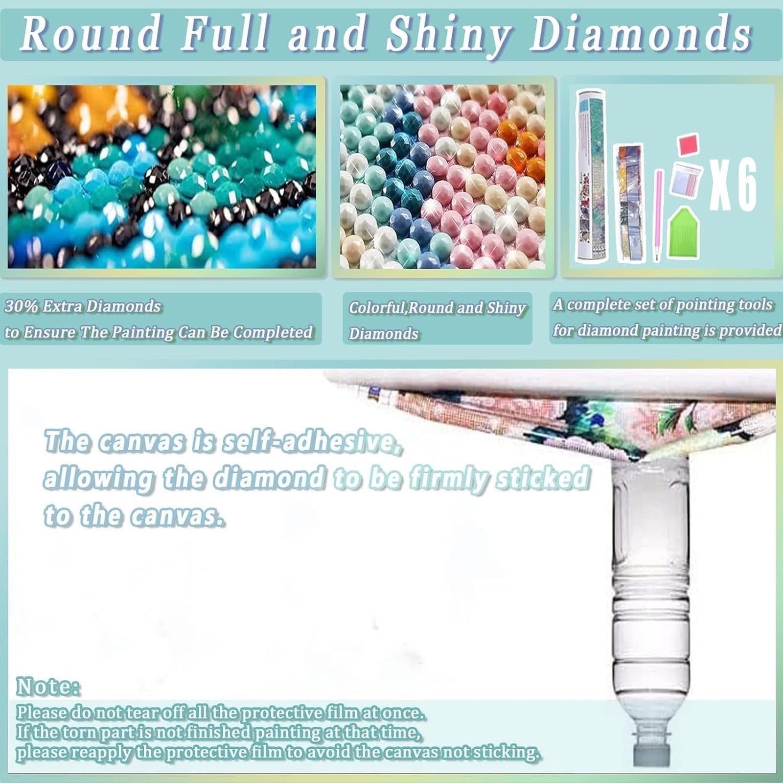 Diamond painting kit components and close-ups of diamonds, with instructions on canvas adhesion.