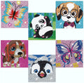 Six diamond painting kits featuring a butterfly, panda, dog with glasses, dog, penguin, and another butterfly.