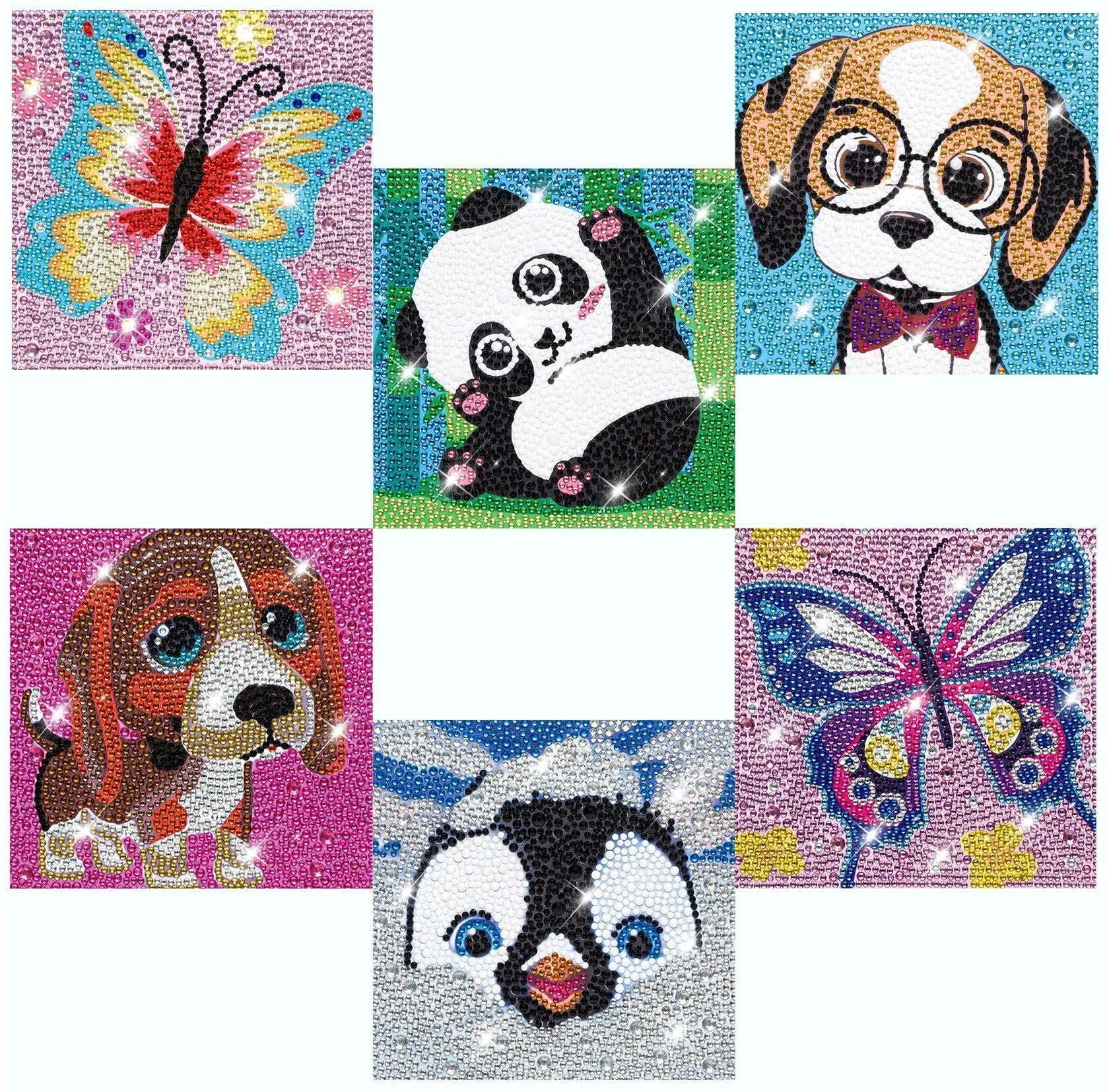 Six diamond painting kits featuring a butterfly, panda, dog with glasses, dog, penguin, and another butterfly.