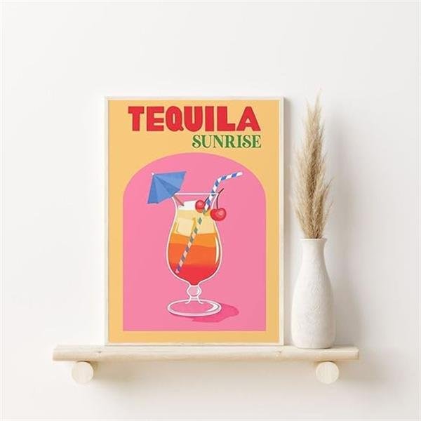 Retro Tequila Sunrise cocktail art print with a drink, umbrella, and cherries, displayed on a shelf.