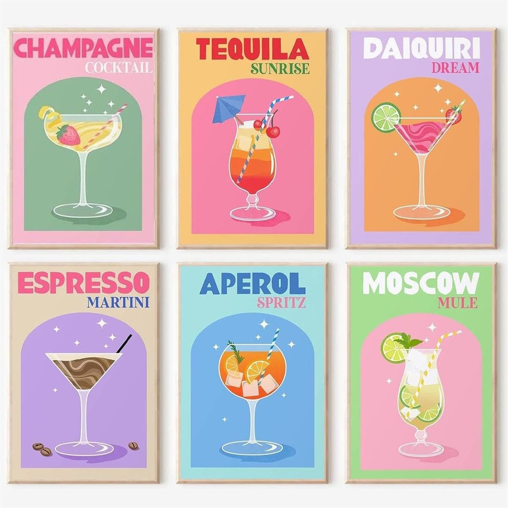Six retro cocktail posters: Champagne, Tequila Sunrise, Daiquiri, Espresso Martini, Aperol Spritz, and Moscow Mule.