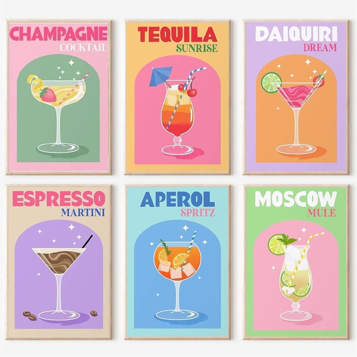 Six retro cocktail posters: Champagne, Tequila Sunrise, Daiquiri, Espresso Martini, Aperol Spritz, and Moscow Mule.