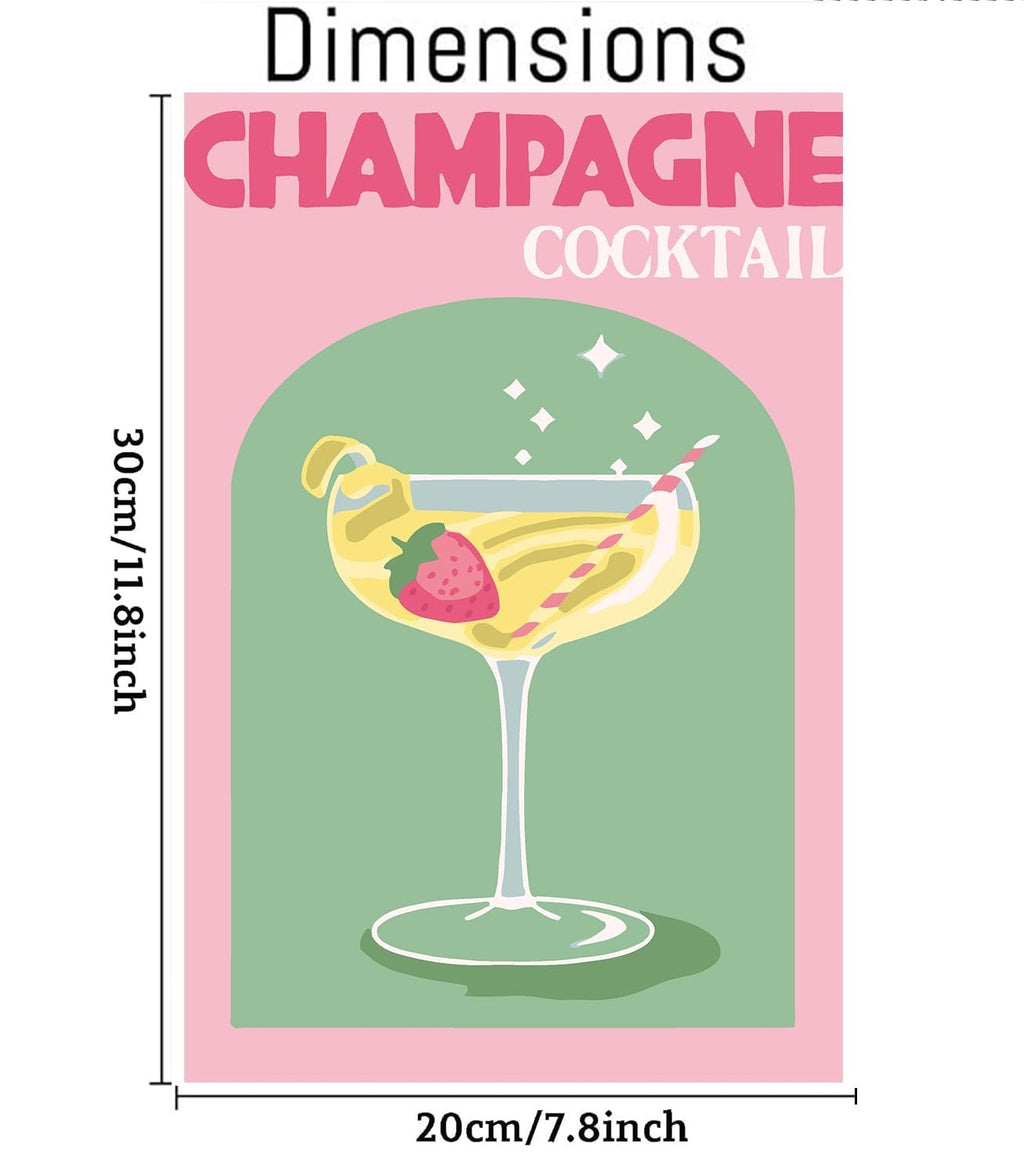Paint by numbers kit canvas showing a champagne cocktail with strawberry garnish and dimensions.