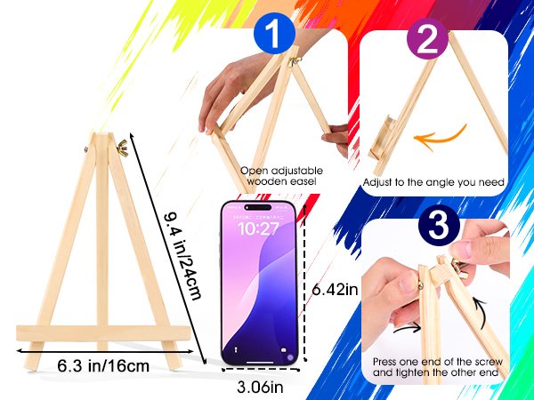 Six wooden tabletop easels shown with dimensions and assembly instructions, including a smartphone for scale.