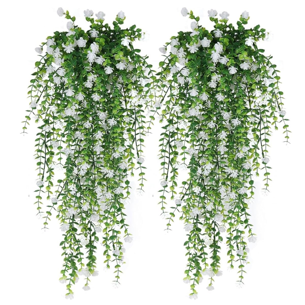 Two artificial hanging flower garlands with white blossoms and green eucalyptus vines against a white background.