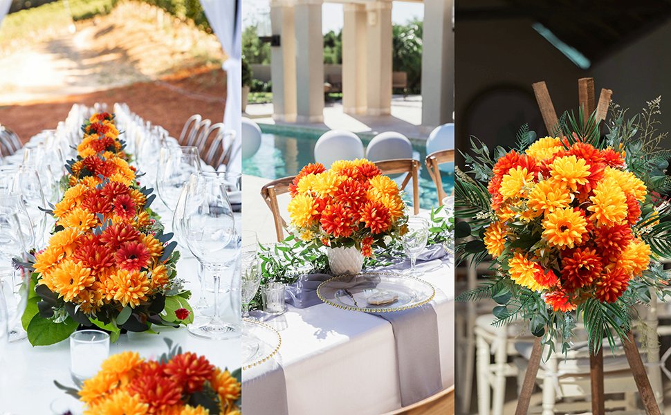 Artificial marigold flower bouquets in burnt orange and yellow arranged on tables and a stand for event decor.
