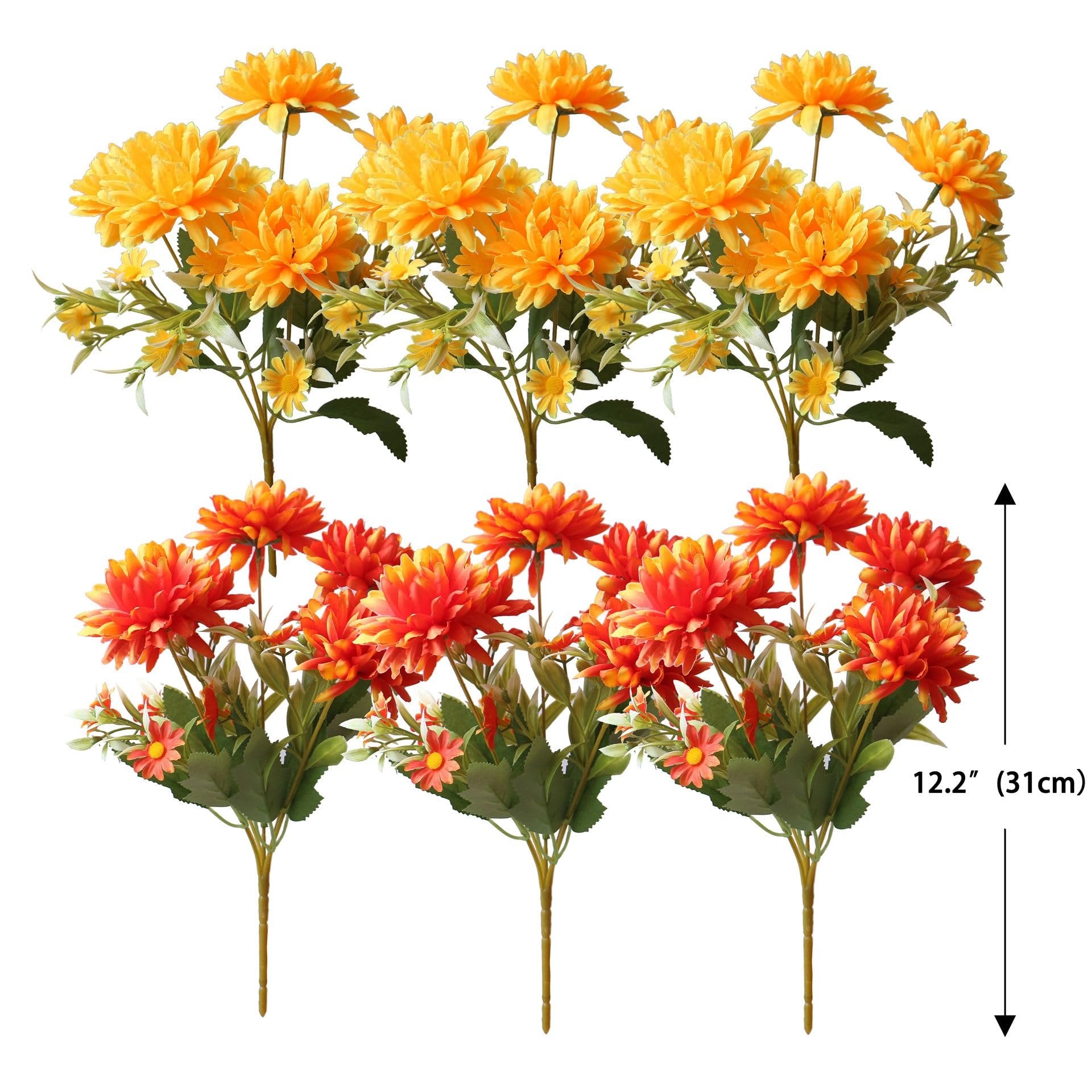 Six artificial marigold silk flower bouquets in burnt orange and yellow, shown against a white background with a height indicator.